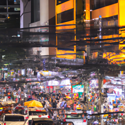 The bustling nightlife scene in Bangkok with lively markets and street performances.